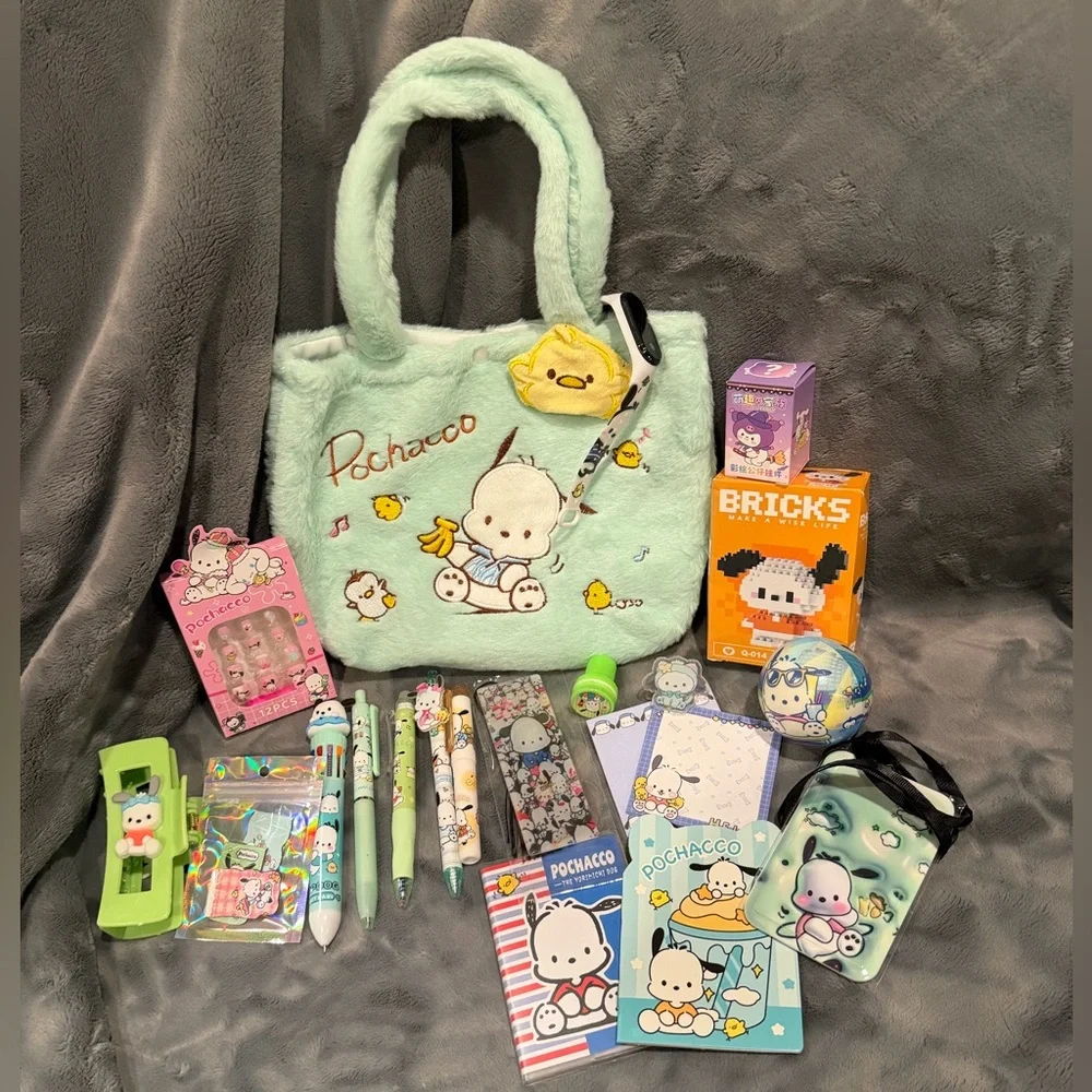 💚Sanrio Pochacco Green Plush Tote Bag with snap closure and 20+ Accessories